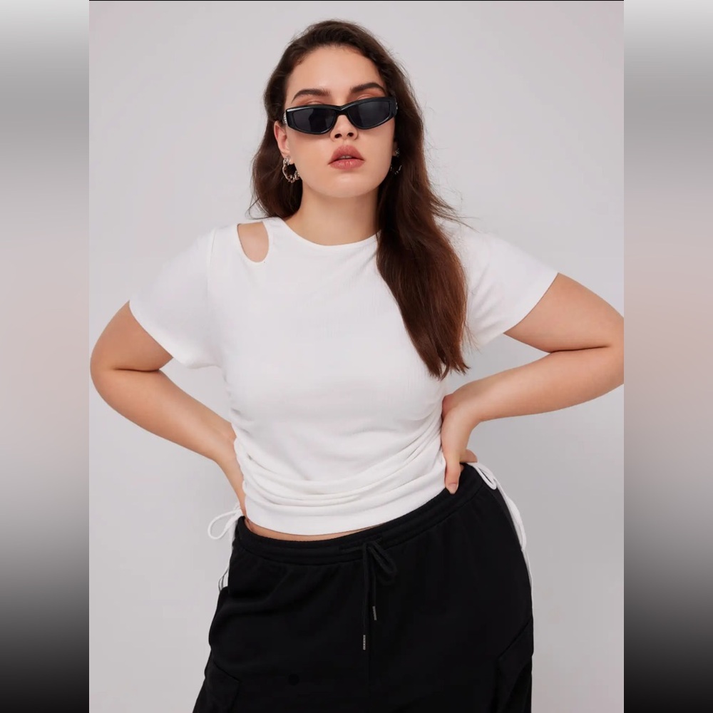 CIDER White Ribbed Knit Blouse – Cut-Out Details & Adjustable Drawstrings - Picture 1 of 4
